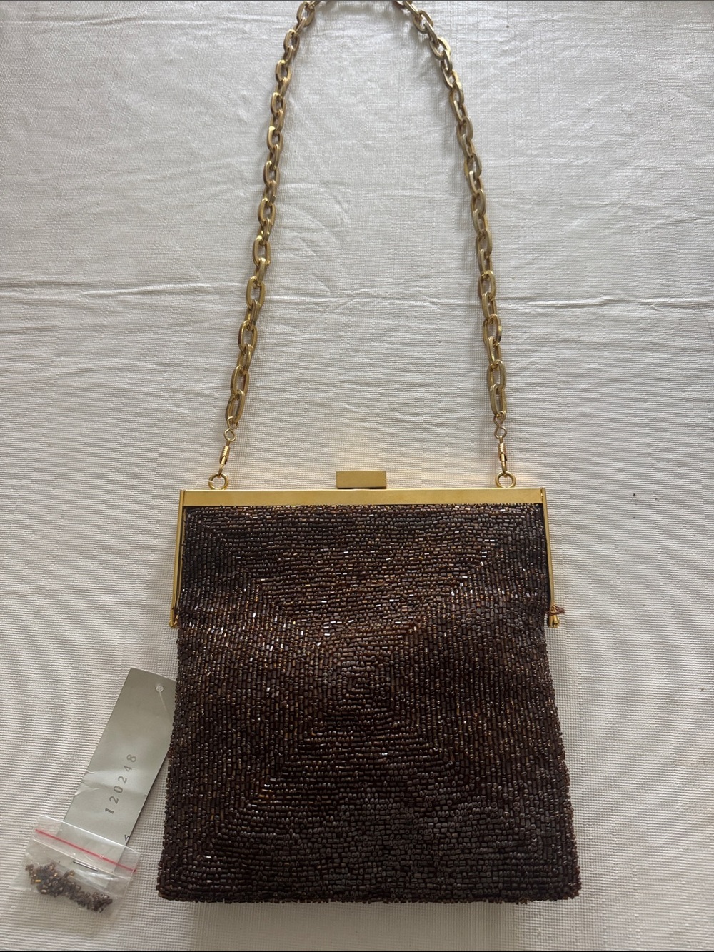 Christina Brown Beaded Evening Clutch with Gold Chain
